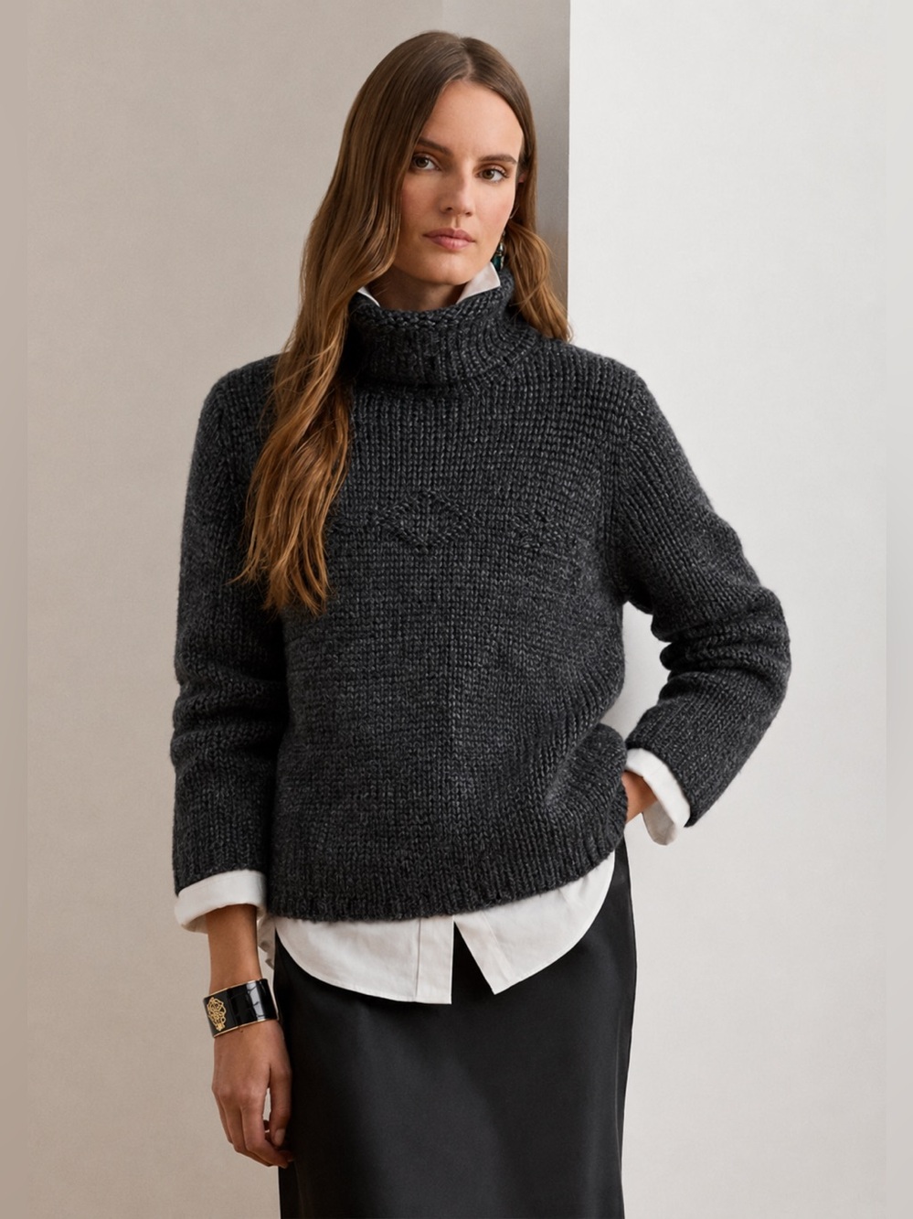 Vintage Wool Blend Rollneck Sweater Fisherman Charcoal Gray Knit Size Large  *V